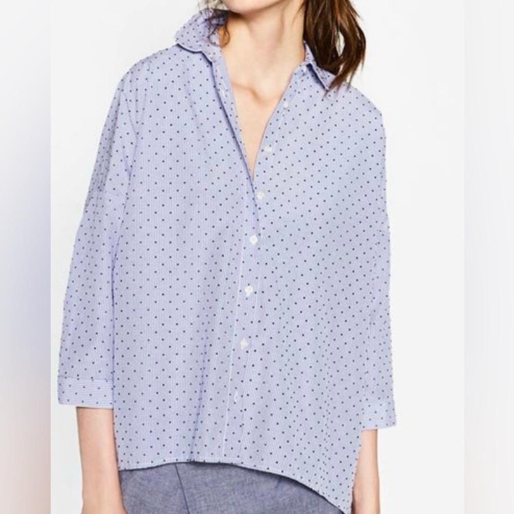 Zara Light Blue Oversized Striped Button-Up Shirt with Subtle Dot Pattern